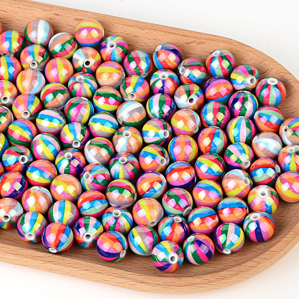 Rainbow Striped Acrylic Round Beads, Iridescent Glossy Candy Stripe Spacer Beads for Beadable Pens, DIY Bracelets, Keychains & Craft Making