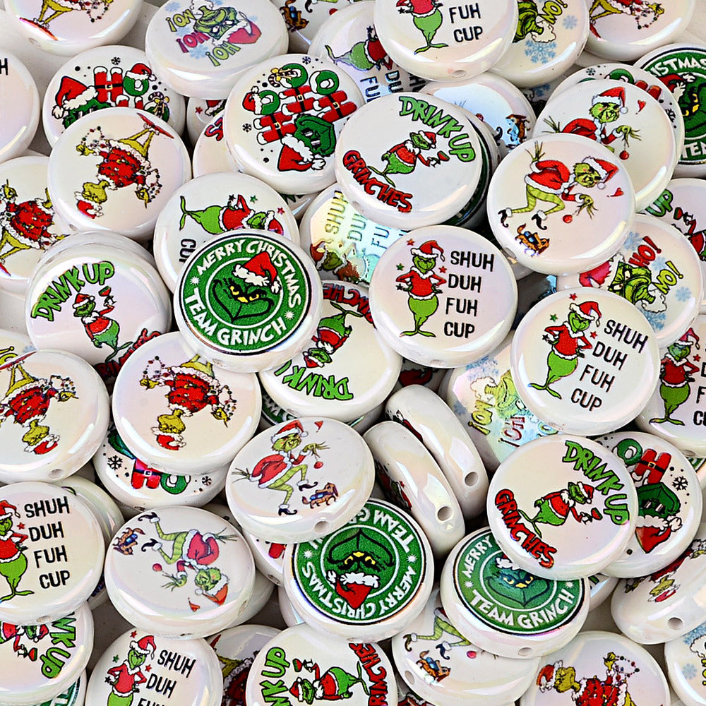 24mm Holiday Mean Green Monster Flat Round Coin Beads, Christmas Mischief Acrylic Focal Beads for Beadable Pens, Keychains & DIY Holiday Crafts