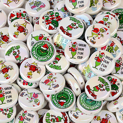 24mm Holiday Mean Green Monster Flat Round Coin Beads, Christmas Mischief Acrylic Focal Beads for Beadable Pens, Keychains & DIY Holiday Crafts