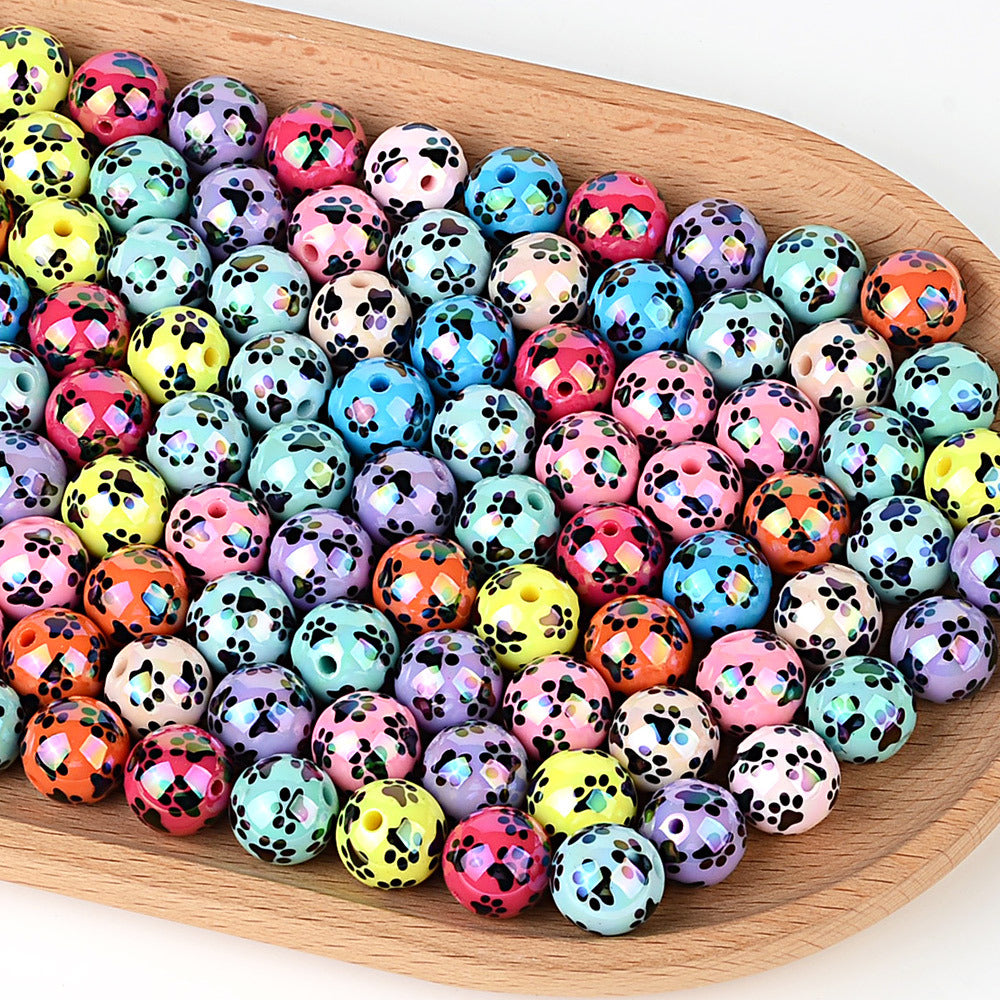 Colorful Pet Paw Print Acrylic Beads, Glossy Iridescent Round Spacer Beads for DIY Jewelry Making, Dog Cat Lover Bracelet, Keychain & Pen Crafts