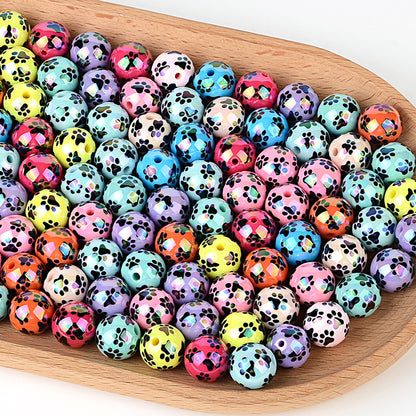 Colorful Pet Paw Print Acrylic Beads, Glossy Iridescent Round Spacer Beads for DIY Jewelry Making, Dog Cat Lover Bracelet, Keychain & Pen Crafts