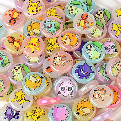 Anime Pocket Monsters Printed Flat Round Coin Beads, Cute Cartoon Charms Spacer Beads for DIY Beadable Pens, Keychains & Craft Making