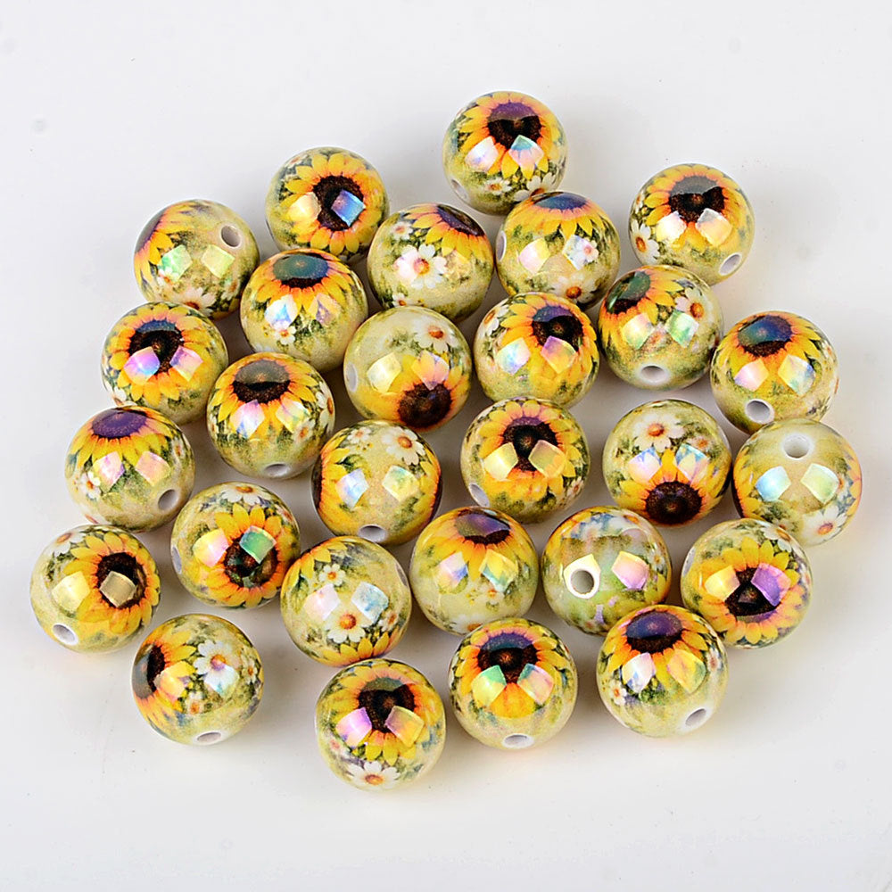 Colorful Smile Face & Sunflower Print Acrylic Beads, Glossy Finish Round Spacer Beads for DIY Jewelry Making, Beads for Bracelets, Necklaces & Crafts
