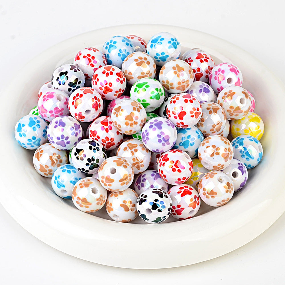 Colorful Pet Paw Print Acrylic Beads, Glossy Iridescent Round Spacer Beads for DIY Jewelry Making, Dog Cat Lover Bracelet, Keychain & Pen Crafts