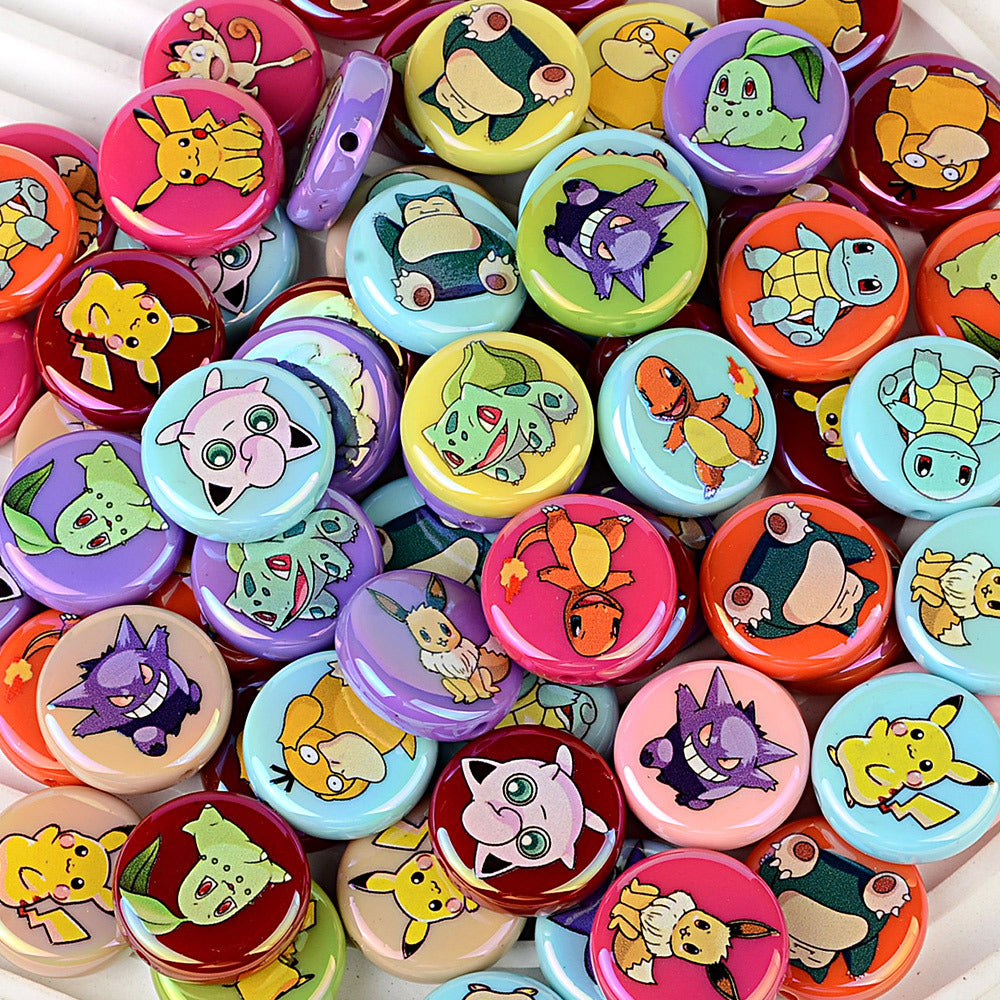 Anime Pocket Monsters Printed Flat Round Coin Beads, Cute Cartoon Charms Spacer Beads for DIY Beadable Pens, Keychains & Craft Making