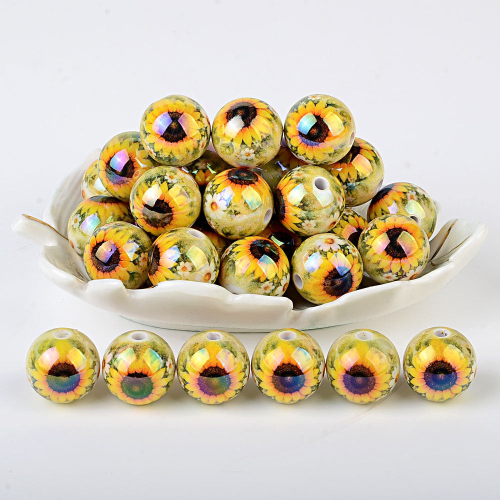 Colorful Smile Face & Sunflower Print Acrylic Beads, Glossy Finish Round Spacer Beads for DIY Jewelry Making, Beads for Bracelets, Necklaces & Crafts