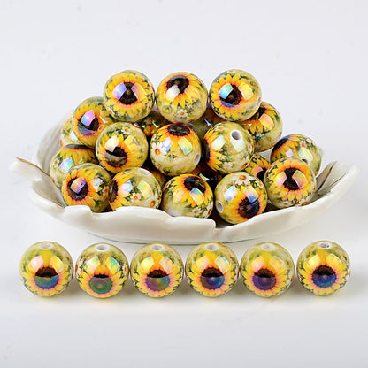 Colorful Smile Face & Sunflower Print Acrylic Beads, Glossy Finish Round Spacer Beads for DIY Jewelry Making, Beads for Bracelets, Necklaces & Crafts