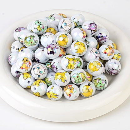 Cute Anime Pocket Monster Printed Round Acrylic Beads, Glossy Cartoon Spacer Beads for DIY Bracelet, Necklace, Phone Charms & Jewelry Making