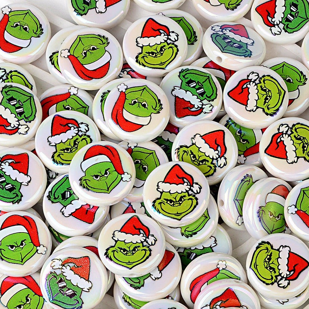 24mm Holiday Mean Green Monster Flat Round Coin Beads, Christmas Mischief Acrylic Focal Beads for Beadable Pens, Keychains & DIY Holiday Crafts