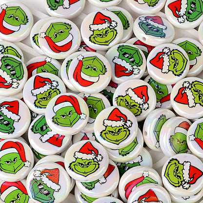 24mm Holiday Mean Green Monster Flat Round Coin Beads, Christmas Mischief Acrylic Focal Beads for Beadable Pens, Keychains & DIY Holiday Crafts