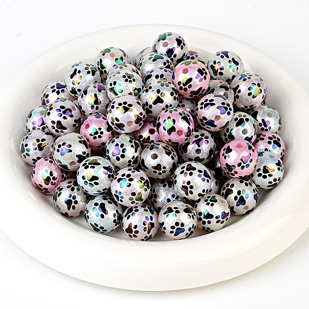 Colorful Pet Paw Print Acrylic Beads, Glossy Iridescent Round Spacer Beads for DIY Jewelry Making, Dog Cat Lover Bracelet, Keychain & Pen Crafts