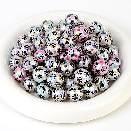 Colorful Pet Paw Print Acrylic Beads, Glossy Iridescent Round Spacer Beads for DIY Jewelry Making, Dog Cat Lover Bracelet, Keychain & Pen Crafts