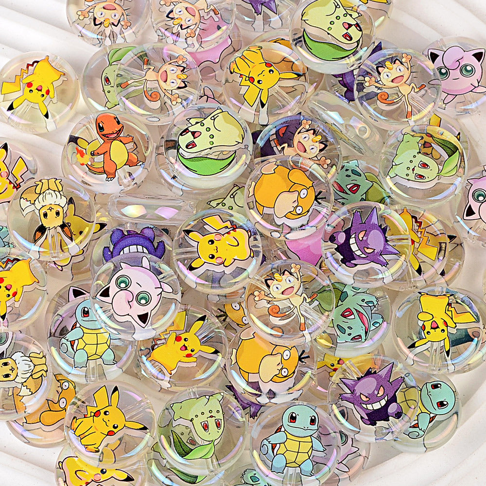 Anime Pocket Monsters Printed Flat Round Coin Beads, Cute Cartoon Charms Spacer Beads for DIY Beadable Pens, Keychains & Craft Making