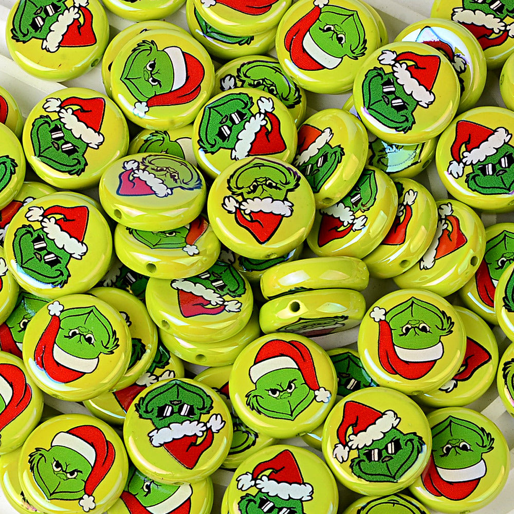 24mm Holiday Mean Green Monster Flat Round Coin Beads, Christmas Mischief Acrylic Focal Beads for Beadable Pens, Keychains & DIY Holiday Crafts