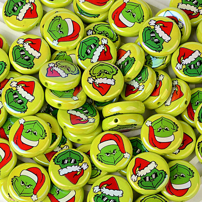 24mm Holiday Mean Green Monster Flat Round Coin Beads, Christmas Mischief Acrylic Focal Beads for Beadable Pens, Keychains & DIY Holiday Crafts