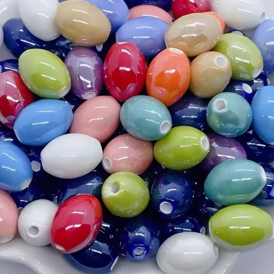 15x11mm Glossy Oval Ceramic Beads, 2mm Large Hole Glazed Rice Spacer Beads for DIY Bracelet, Necklace, Earring & Jewelry Making