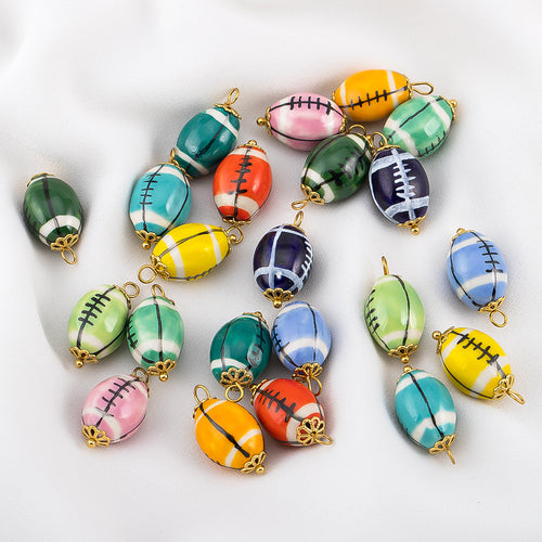 23mm Colorful Ceramic Football Charms with Gold Bead Caps, Glazed Rugby Sports Ball Pendants with Large Loop for DIY Earrings, Bracelets & Jewelry Making