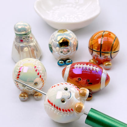 3D Cute Sports Ball Focal Beads with Feet, Iridescent Glossy Football Baseball Soccer Acrylic Beads for DIY Beadable Pens, Keychains & Game Day Crafts