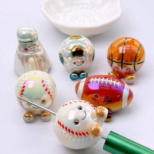 3D Cute Sports Ball Focal Beads with Feet, Iridescent Glossy Football Baseball Soccer Acrylic Beads for DIY Beadable Pens, Keychains & Game Day Crafts