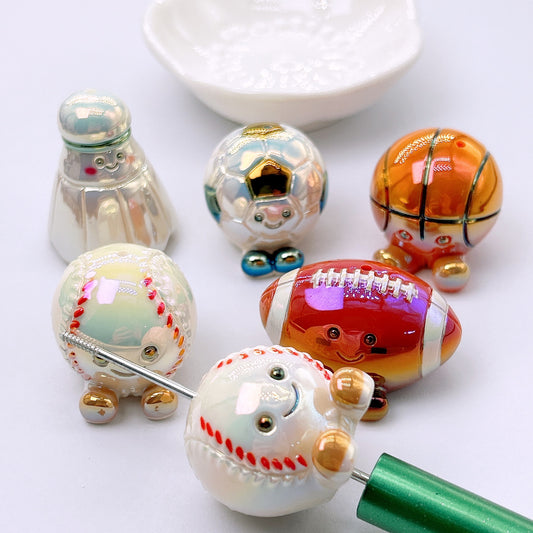 3D Cute Sports Ball Focal Beads with Feet, Iridescent Glossy Football Baseball Soccer Acrylic Beads for DIY Beadable Pens, Keychains & Game Day Crafts