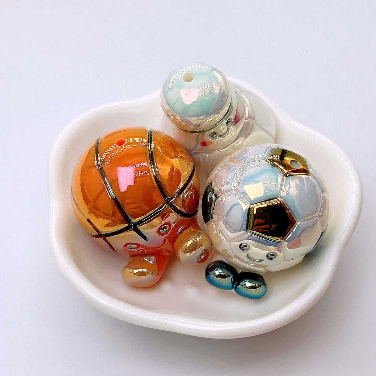 3D Cute Sports Ball Focal Beads with Feet, Iridescent Glossy Football Baseball Soccer Acrylic Beads for DIY Beadable Pens, Keychains & Game Day Crafts