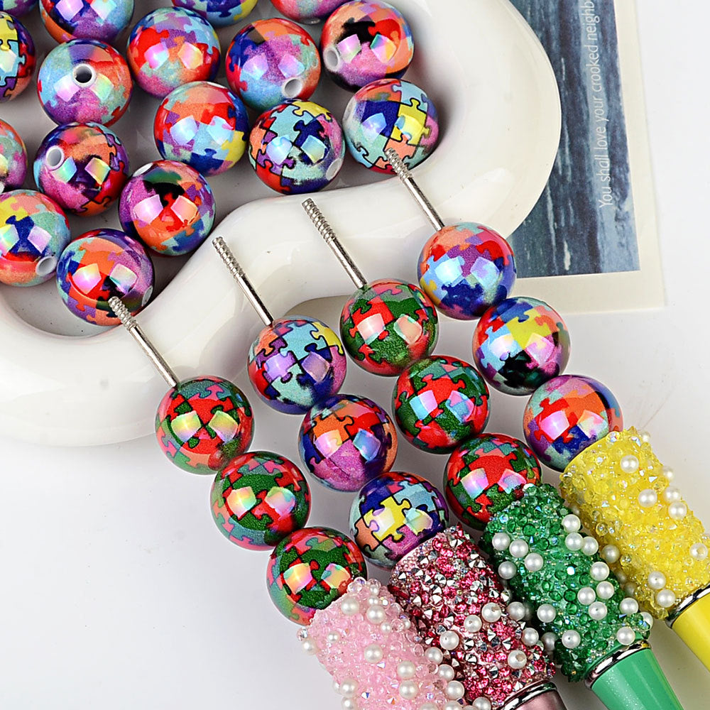 Autism Awareness Puzzle Print Round Acrylic Beads, Iridescent Glossy Colorful Jigsaw Spacer Beads for Beadable Pens, Keychains & DIY Jewelry Making