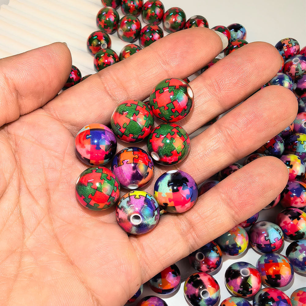 Autism Awareness Puzzle Print Round Acrylic Beads, Iridescent Glossy Colorful Jigsaw Spacer Beads for Beadable Pens, Keychains & DIY Jewelry Making