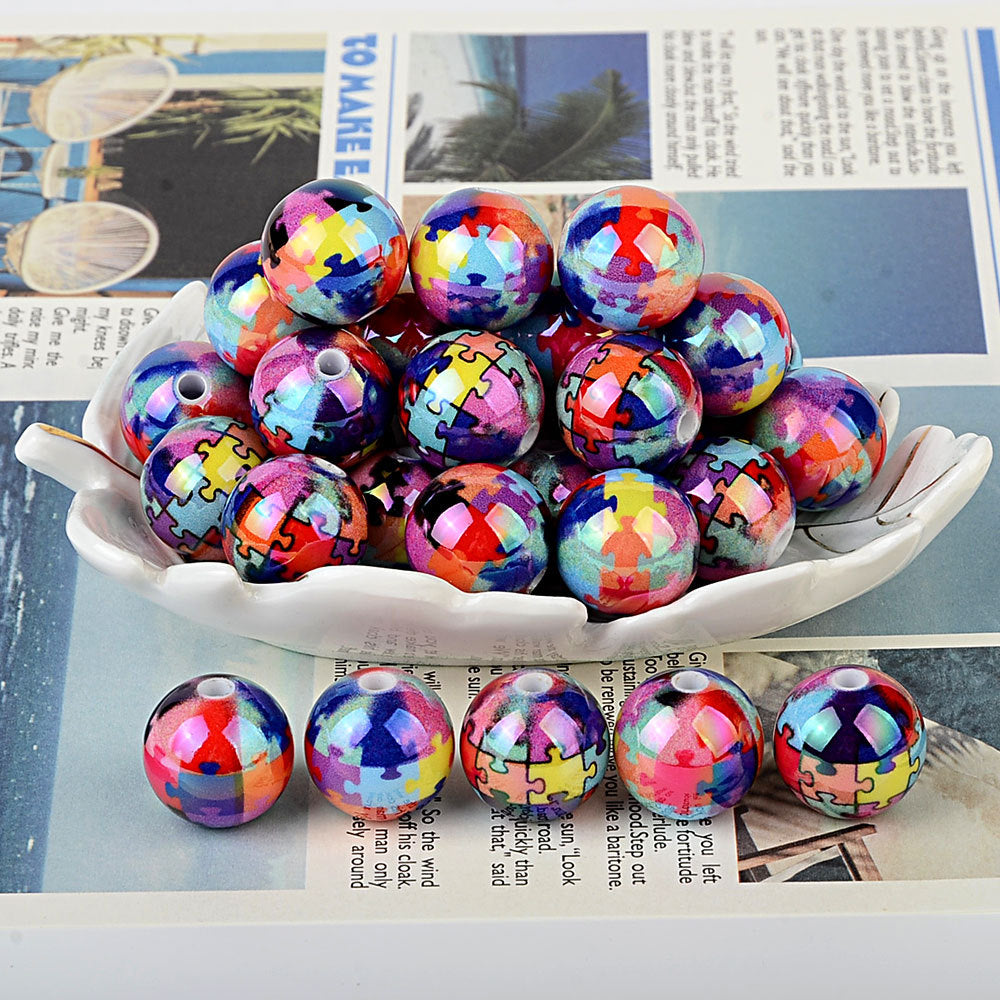 Autism Awareness Puzzle Print Round Acrylic Beads, Iridescent Glossy Colorful Jigsaw Spacer Beads for Beadable Pens, Keychains & DIY Jewelry Making