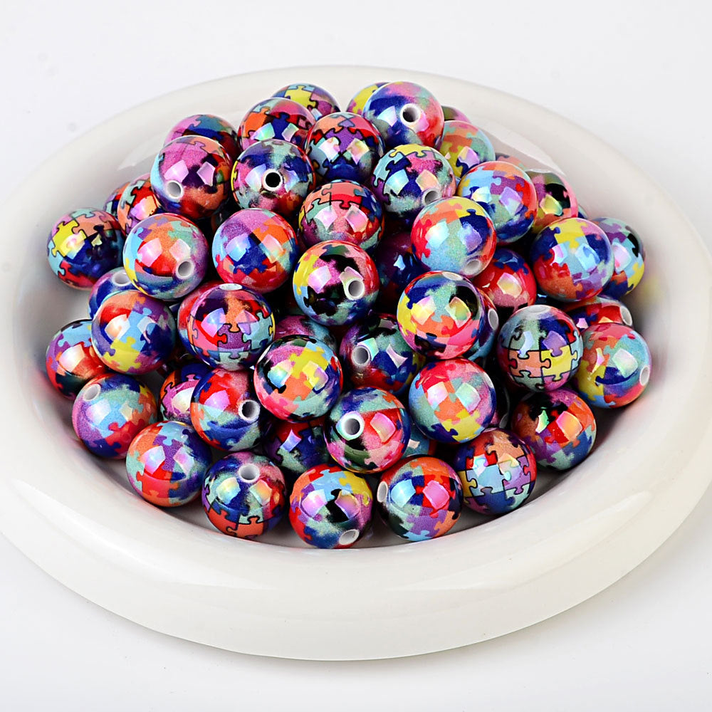 Autism Awareness Puzzle Print Round Acrylic Beads, Iridescent Glossy Colorful Jigsaw Spacer Beads for Beadable Pens, Keychains & DIY Jewelry Making