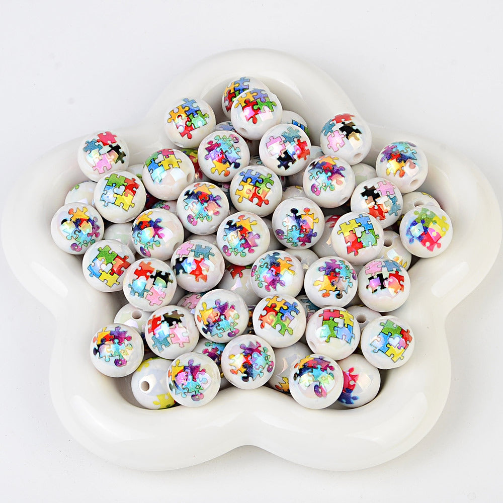 Autism Awareness Puzzle Print Round Acrylic Beads, Iridescent Glossy Colorful Jigsaw Spacer Beads for Beadable Pens, Keychains & DIY Jewelry Making