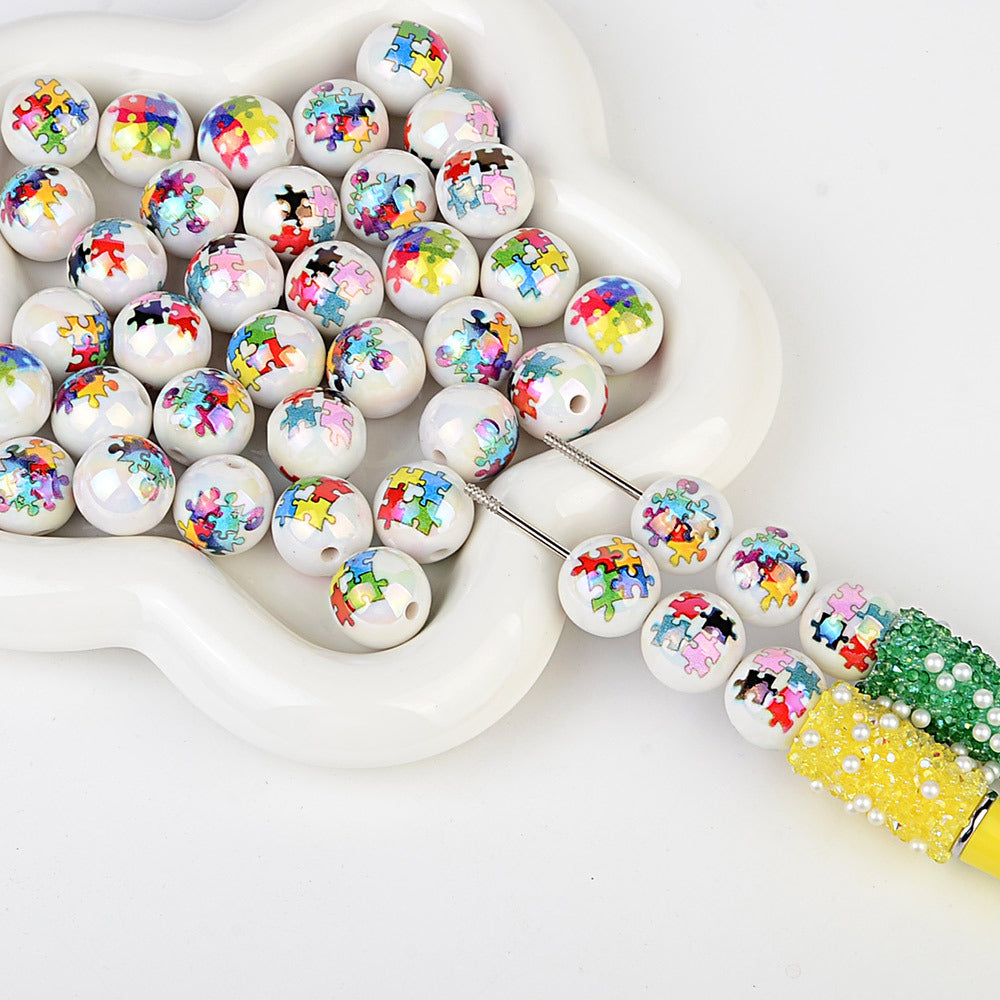 Autism Awareness Puzzle Print Round Acrylic Beads, Iridescent Glossy Colorful Jigsaw Spacer Beads for Beadable Pens, Keychains & DIY Jewelry Making