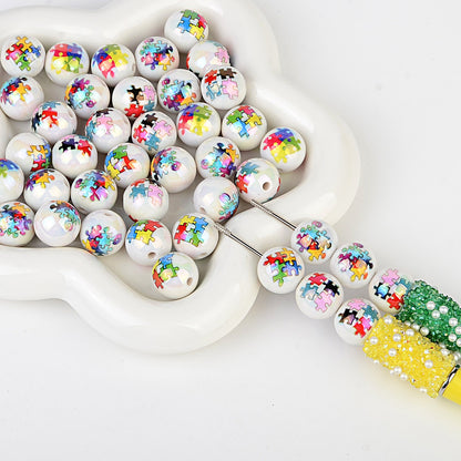 Autism Awareness Puzzle Print Round Acrylic Beads, Iridescent Glossy Colorful Jigsaw Spacer Beads for Beadable Pens, Keychains & DIY Jewelry Making