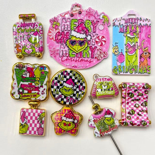 Pink Christmas Green Monster Acrylic Focal Beads & Charms, Retro Pinkmas Checkerboard Holiday Slide Beads for DIY Beadable Pens, Keychains & Crafts