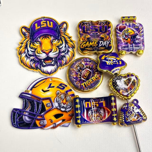 LSU Tigers College Football Acrylic Focal Beads & Charms Combo, Purple & Gold Helmet Mascot Slide Beads & Pendants for Pens & Keyrings