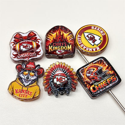 Kansas City Chiefs Football Printed Acrylic Focal Beads Set, Chiefs Kingdom Arrowhead & KC Wolf Slide Beads for Beadable Pens & Keyrings