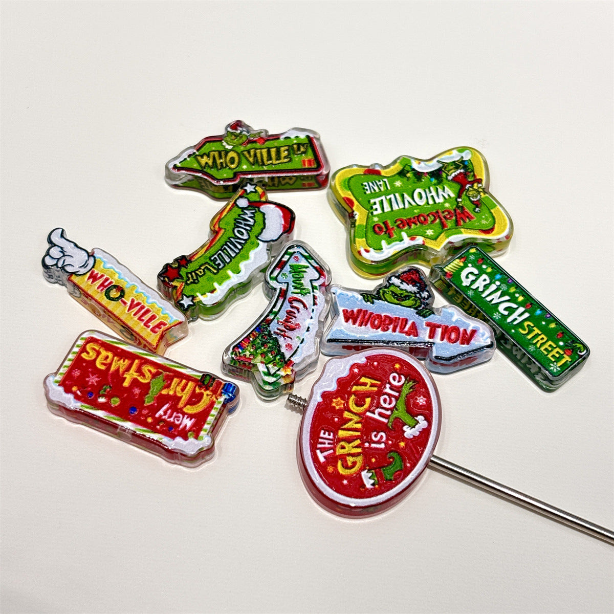 Christmas Village Street Sign Acrylic Focal Beads, Holiday Town Arrow Marker Slide Beads for DIY Beadable Pens, Keychains & Holiday Crafts