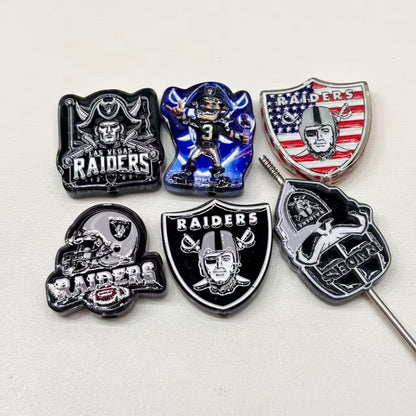 Silver & Black Football Acrylic Focal Beads, Pirate Shield Helmet Slide Beads for DIY Beadable Pens, Keychains & Game Day Crafts