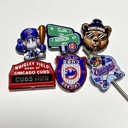 Chicago Blue & Red Baseball Acrylic Focal Beads, Wrigley Field Marquee & Street Sign Slide Beads for Beadable Pens, Keychains & Fan Crafts