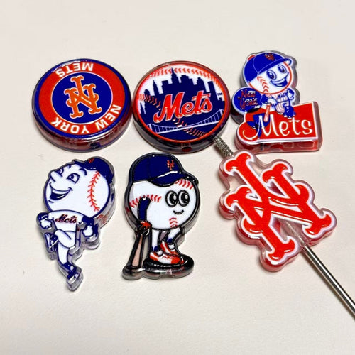 New York Mets Baseball Printed Acrylic Focal Beads Set, Mascot & NY Logo Slide Beads for Beadable Pens & Keyrings