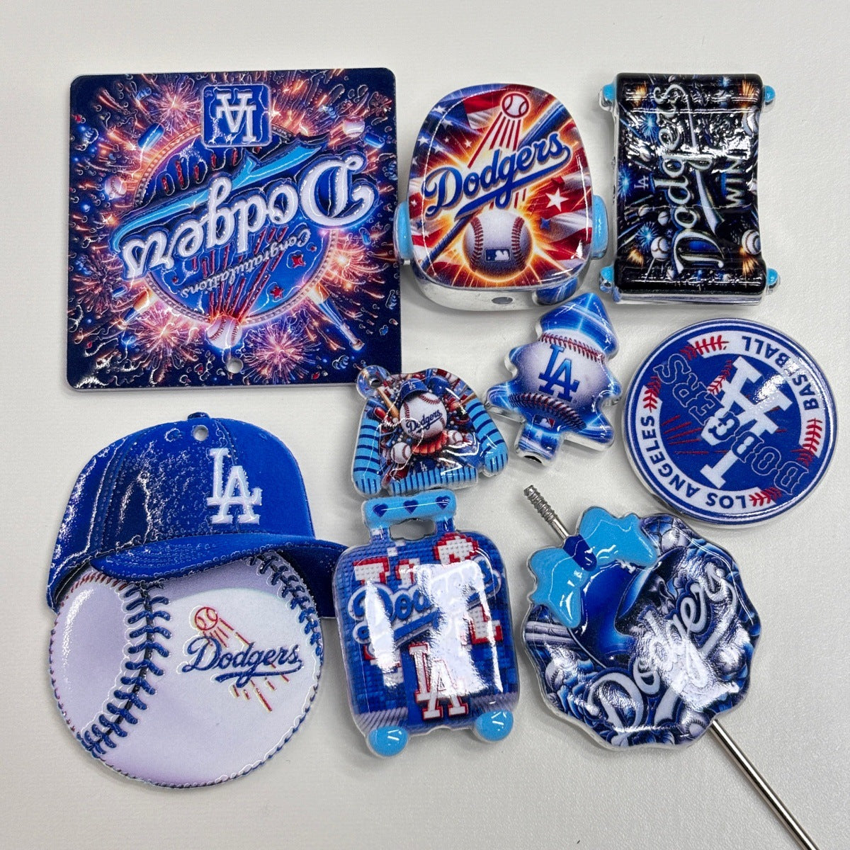 Royal Blue & White Baseball Acrylic Focal Beads & Charms, California Game Day LA Cap & Luggage Slide Beads for Beadable Pens, Keychains & Fan Crafts