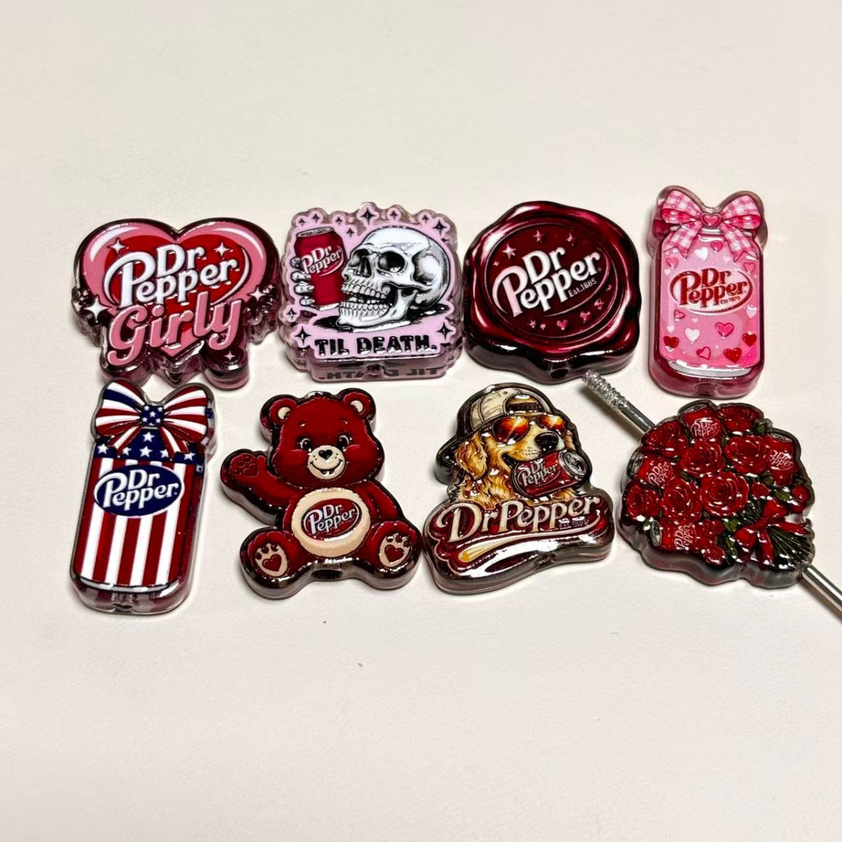Dr Pepper Printed Acrylic Focal Beads Set, Soda Girly Heart & Skull Til Death Slide Charms for Beadable Pens & Keyrings