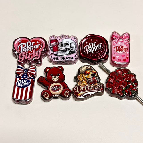 Dr Pepper Printed Acrylic Focal Beads Set, Soda Girly Heart & Skull Til Death Slide Charms for Beadable Pens & Keyrings