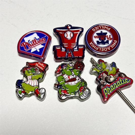 Red & Blue Baseball Acrylic Focal Beads, Game Day Green Mascot & Liberty Bell Slide Beads for DIY Beadable Pens, Keychains & Fan Crafts