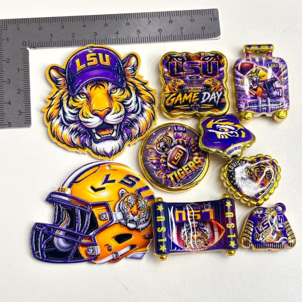 LSU Tigers College Football Acrylic Focal Beads & Charms Combo, Purple & Gold Helmet Mascot Slide Beads & Pendants for Pens & Keyrings