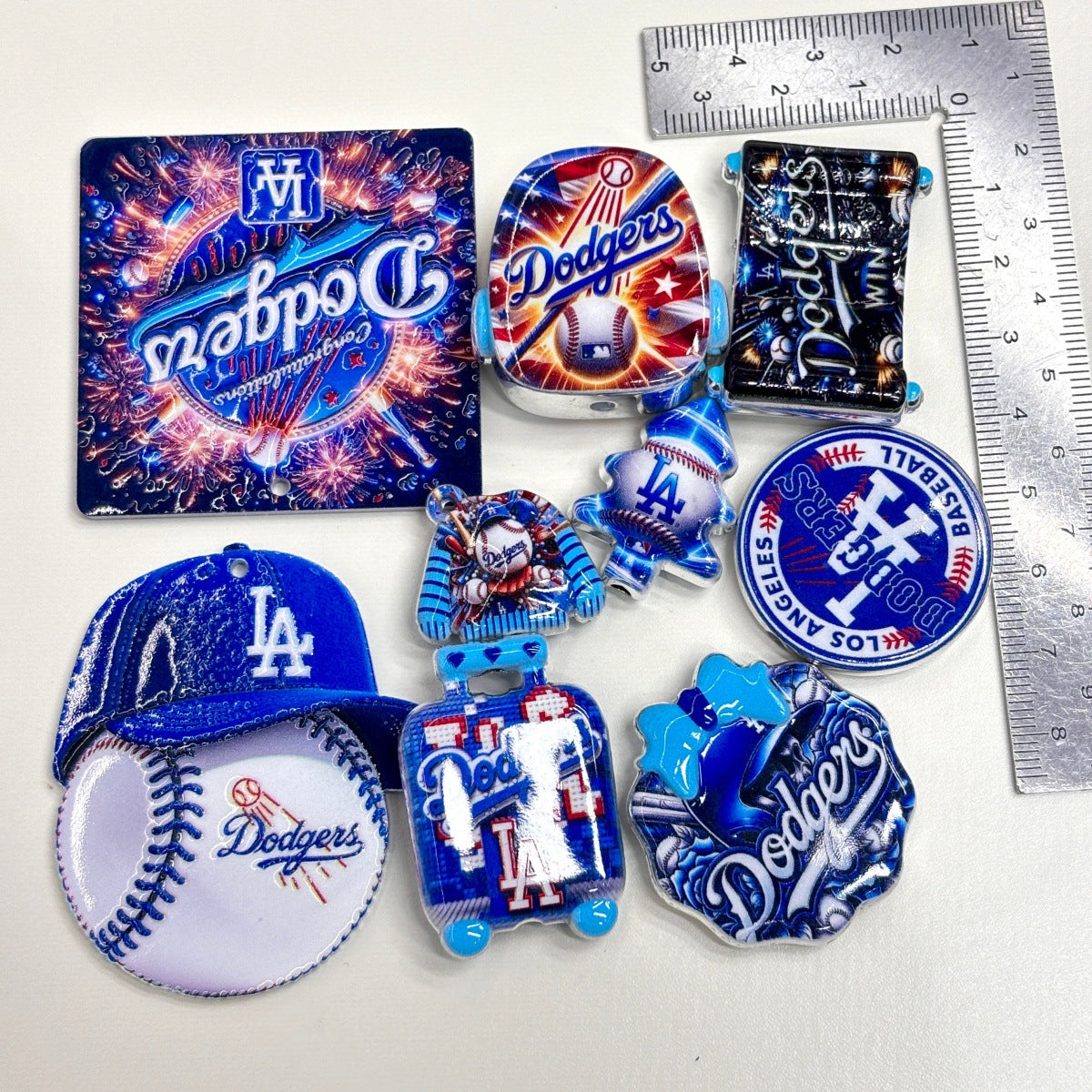 Royal Blue & White Baseball Acrylic Focal Beads & Charms, California Game Day LA Cap & Luggage Slide Beads for Beadable Pens, Keychains & Fan Crafts