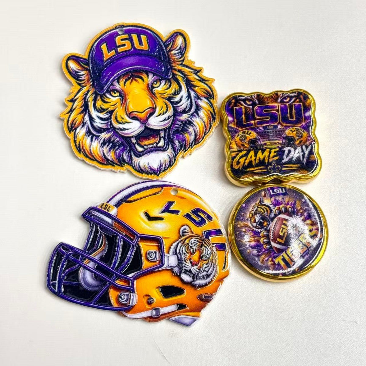 LSU Tigers College Football Acrylic Focal Beads & Charms Combo, Purple & Gold Helmet Mascot Slide Beads & Pendants for Pens & Keyrings