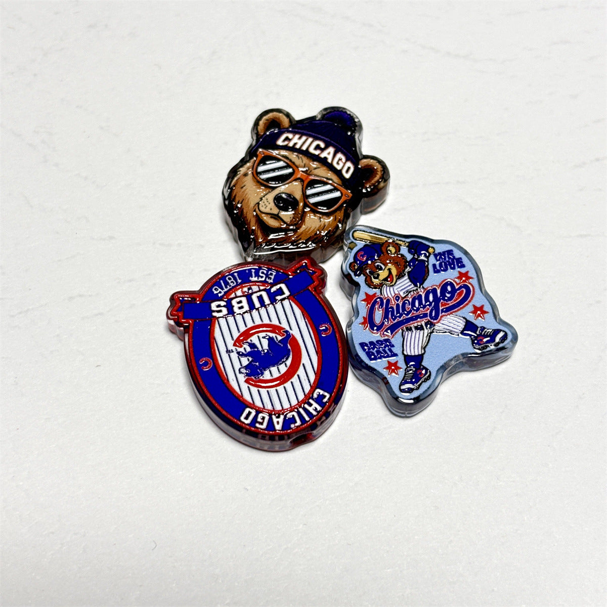 Chicago Blue & Red Baseball Acrylic Focal Beads, Wrigley Field Marquee & Street Sign Slide Beads for Beadable Pens, Keychains & Fan Crafts