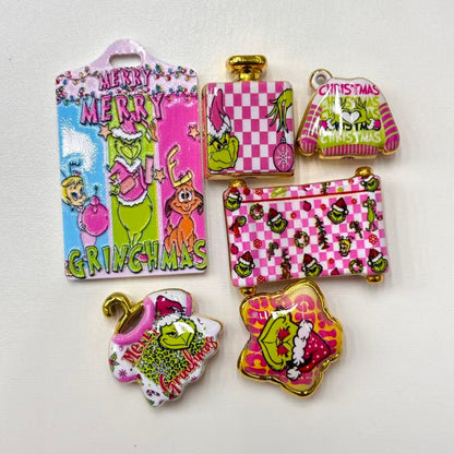Pink Christmas Green Monster Acrylic Focal Beads & Charms, Retro Pinkmas Checkerboard Holiday Slide Beads for DIY Beadable Pens, Keychains & Crafts