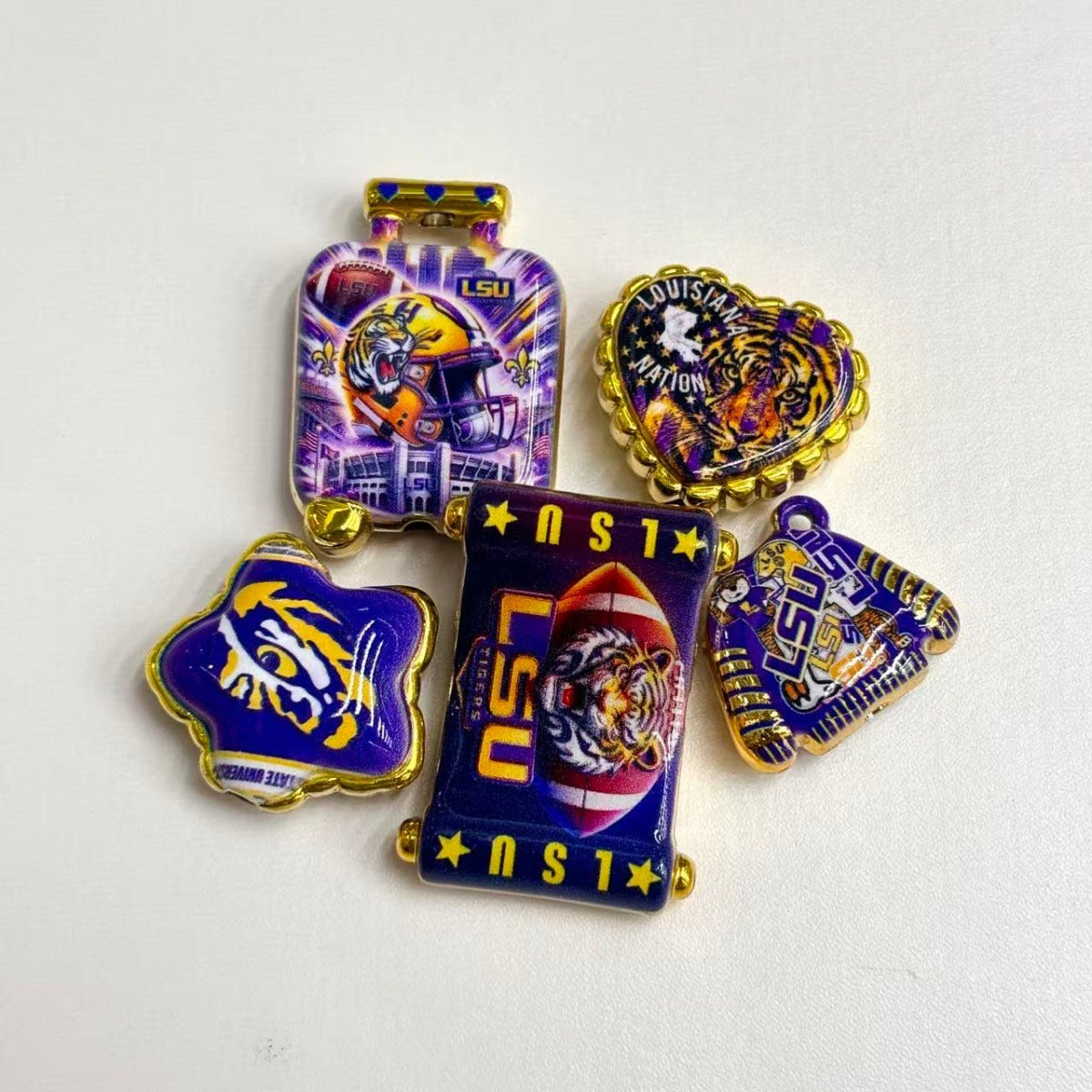 LSU Tigers College Football Acrylic Focal Beads & Charms Combo, Purple & Gold Helmet Mascot Slide Beads & Pendants for Pens & Keyrings