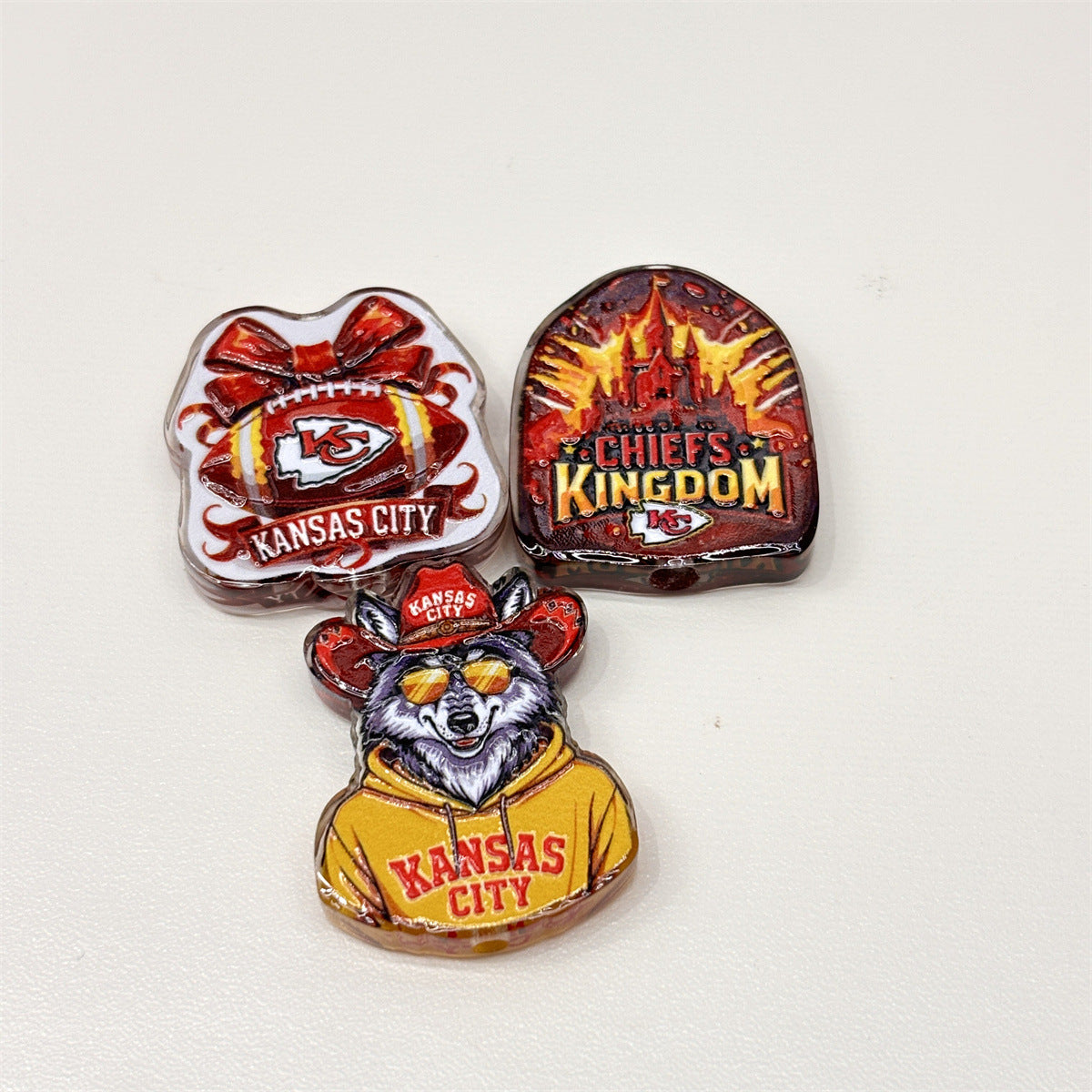 Kansas City Chiefs Football Printed Acrylic Focal Beads Set, Chiefs Kingdom Arrowhead & KC Wolf Slide Beads for Beadable Pens & Keyrings